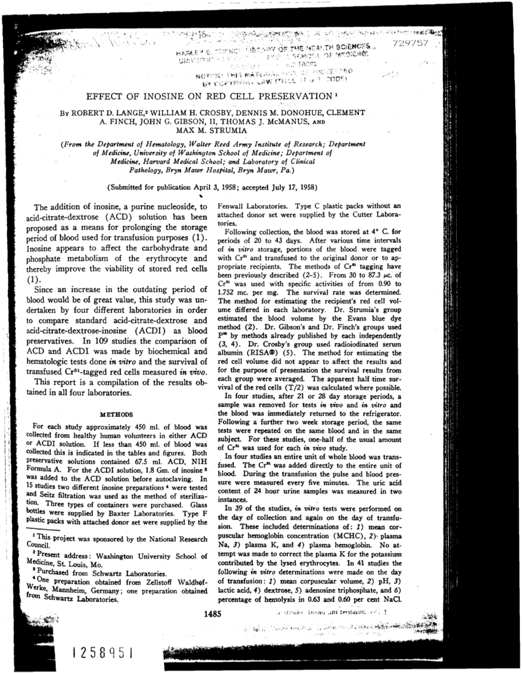 The Addition of Inosine, a Purine Nucleoside, to Fenwall Laboratories