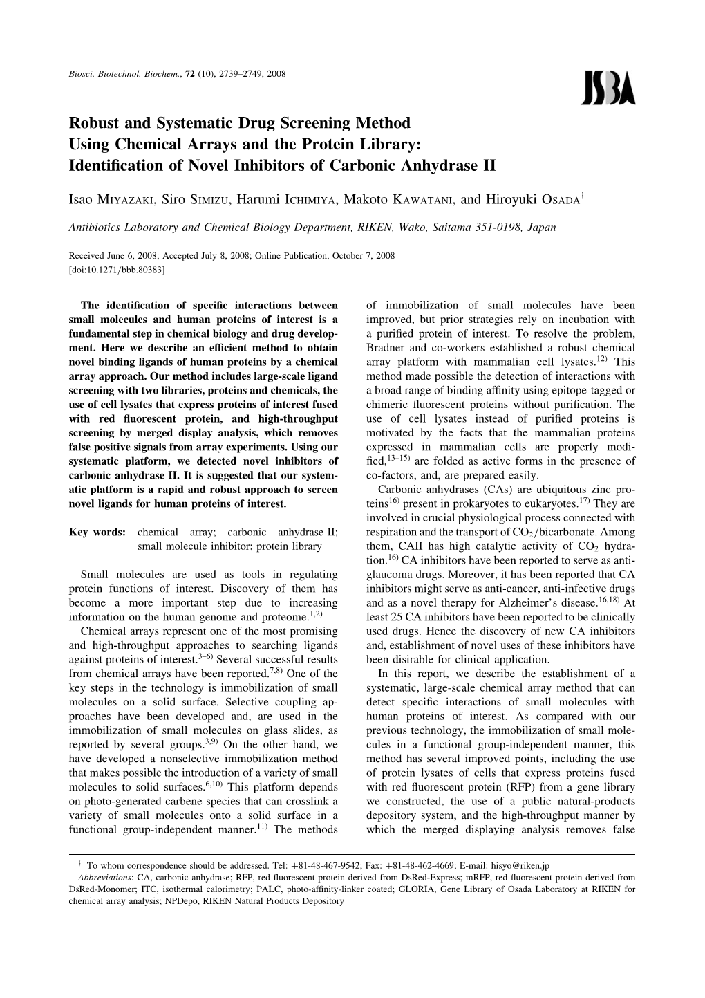 Robust and Systematic Drug Screening Method Using Chemical Arrays and the Protein Library: Identiﬁcation of Novel Inhibitors of Carbonic Anhydrase II