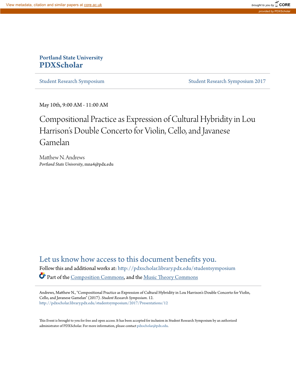 Compositional Practice As Expression of Cultural Hybridity in Lou Harrison’S Double Concerto for Violin, Cello, and Javanese Gamelan