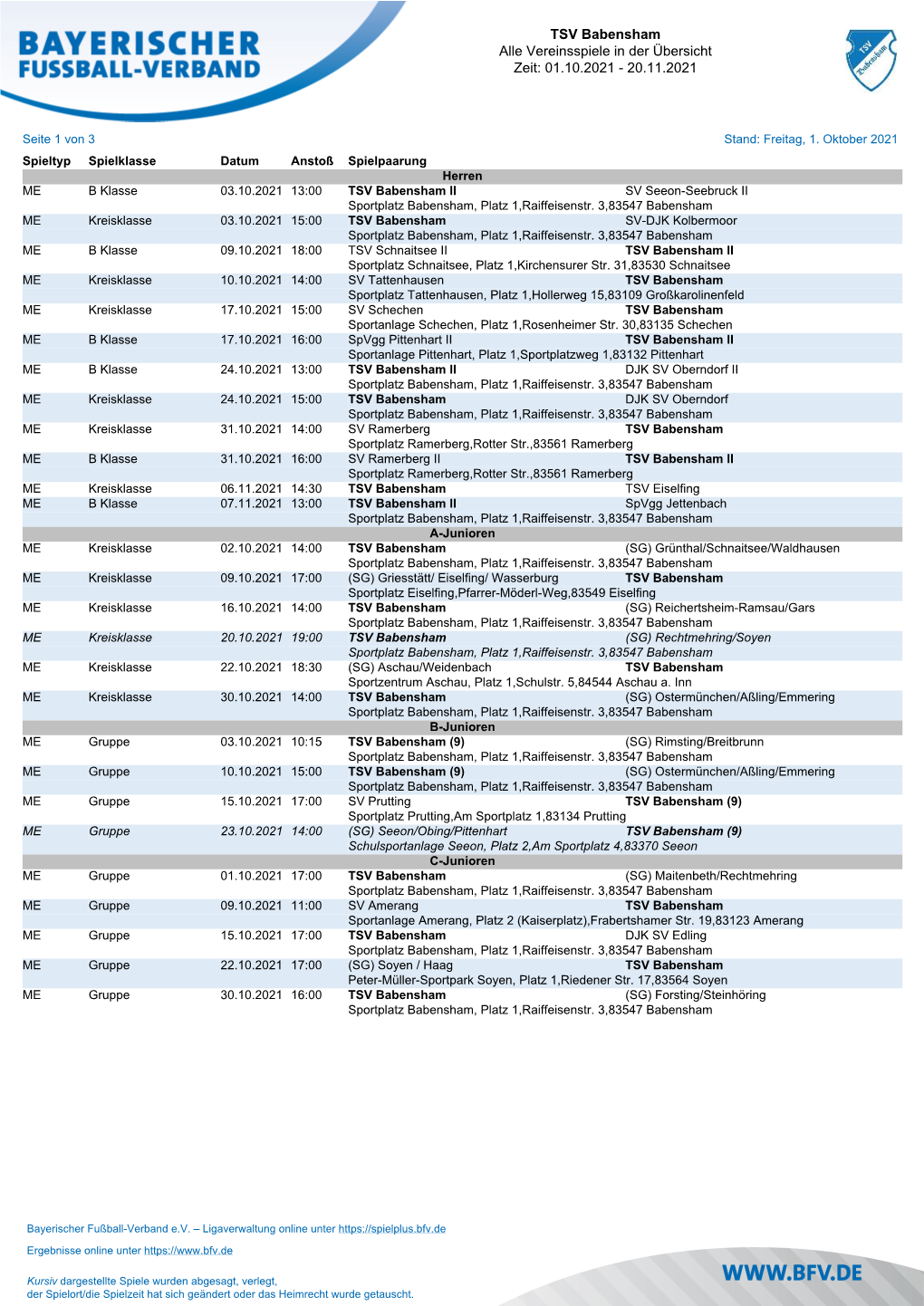 TSV Babensham Alle Vereinsspiele in Der Übersicht Zeit: 01.10.2021 - 20.11.2021
