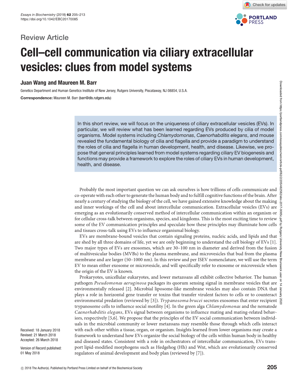 Cell–Cell Communication Via Ciliary Extracellular Vesicles: Clues from Model Systems