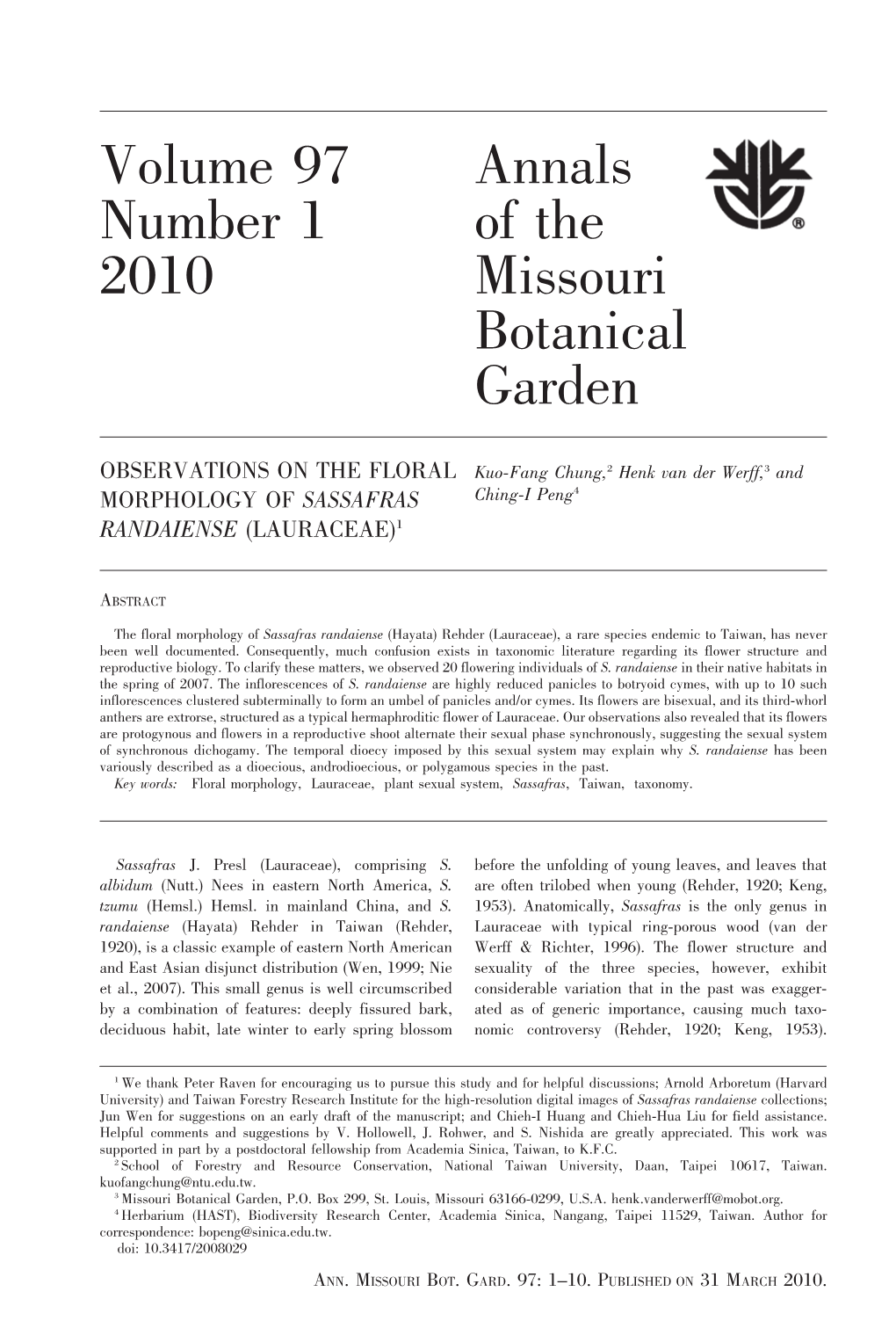 Observations on the Floral Morphology of Sassafras Randaiense