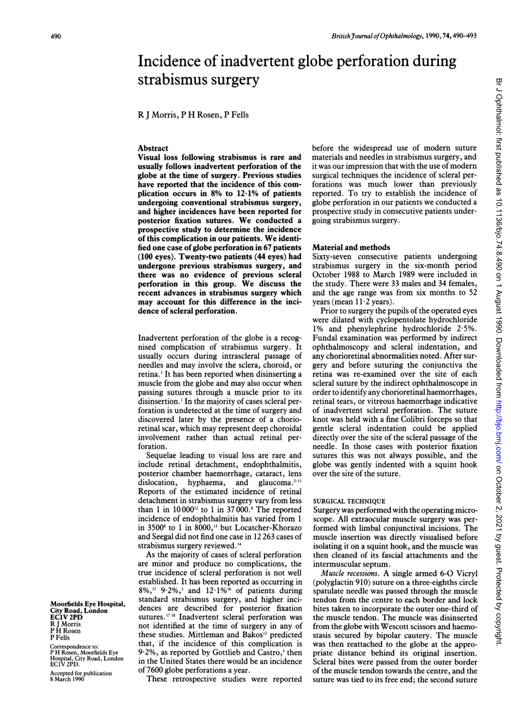 Incidence of Inadvertent Globe Perforation During Strabismus Surgery Br J Ophthalmol: First Published As 10.1136/Bjo.74.8.490 on 1 August 1990