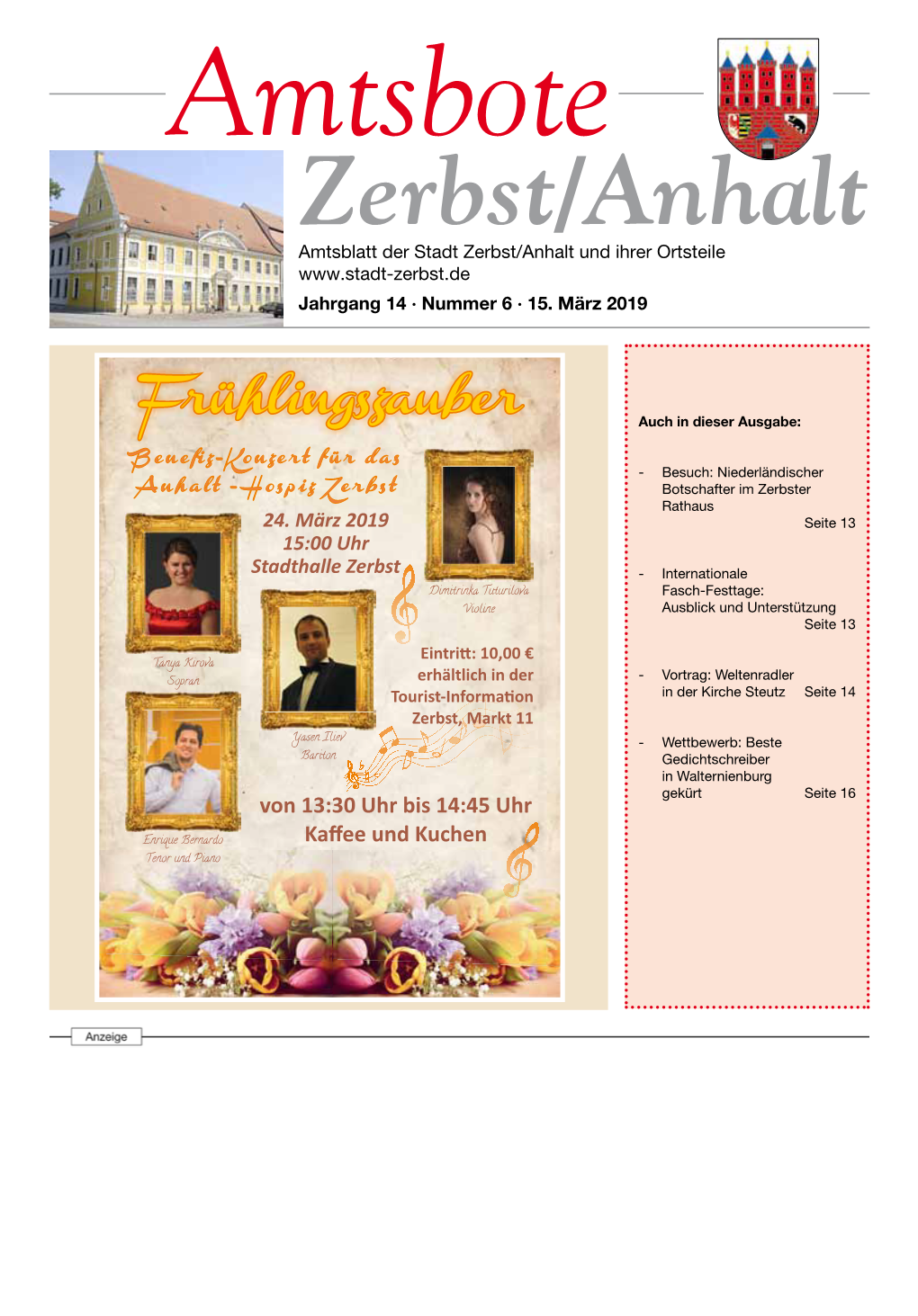 Amtsbote Zerbst/Anhalt Amtsblatt Der Stadt Zerbst/Anhalt Und Ihrer Ortsteile Jahrgang 14 · Nummer 6 · 15