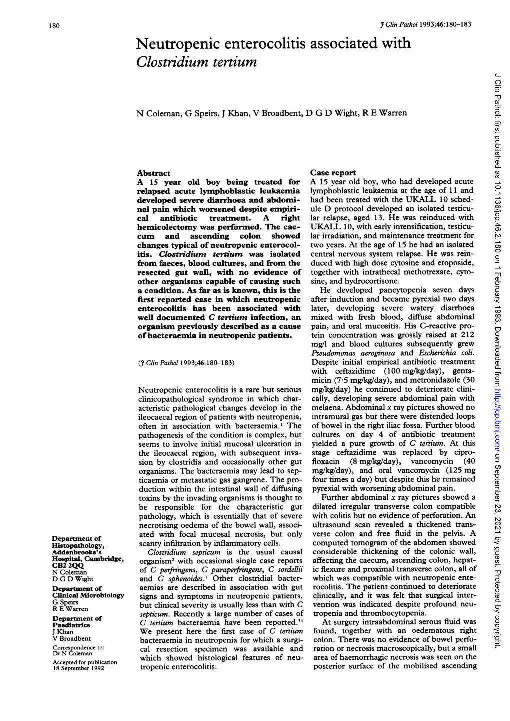 Clostridium Tertium J Clin Pathol: First Published As 10.1136/Jcp.46.2.180 on 1 February 1993