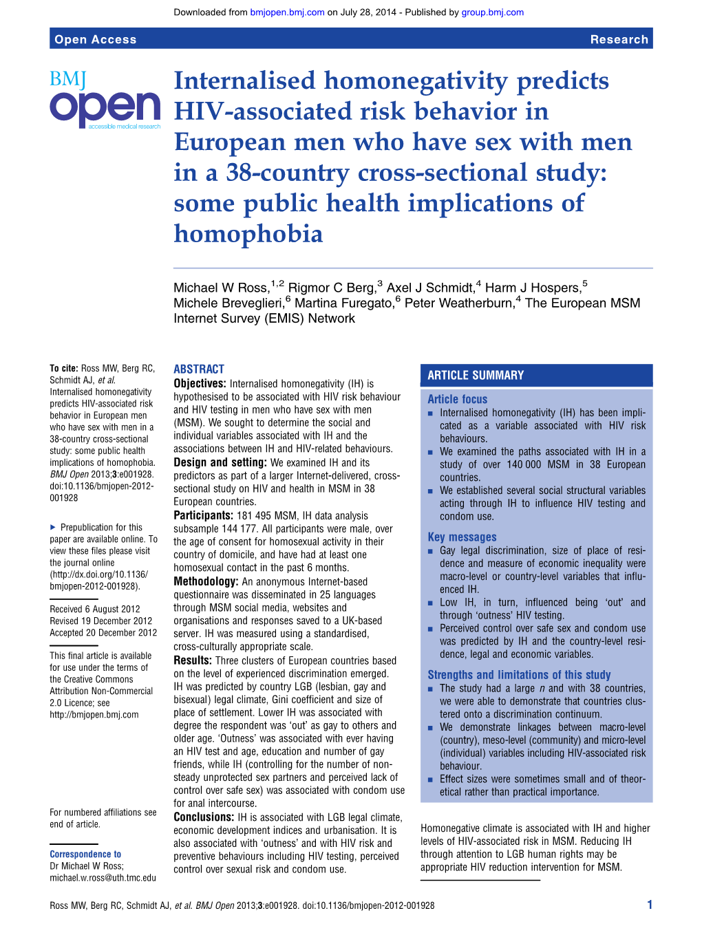 Internalised Homonegativity Predicts HIV-Associated Risk Behavior