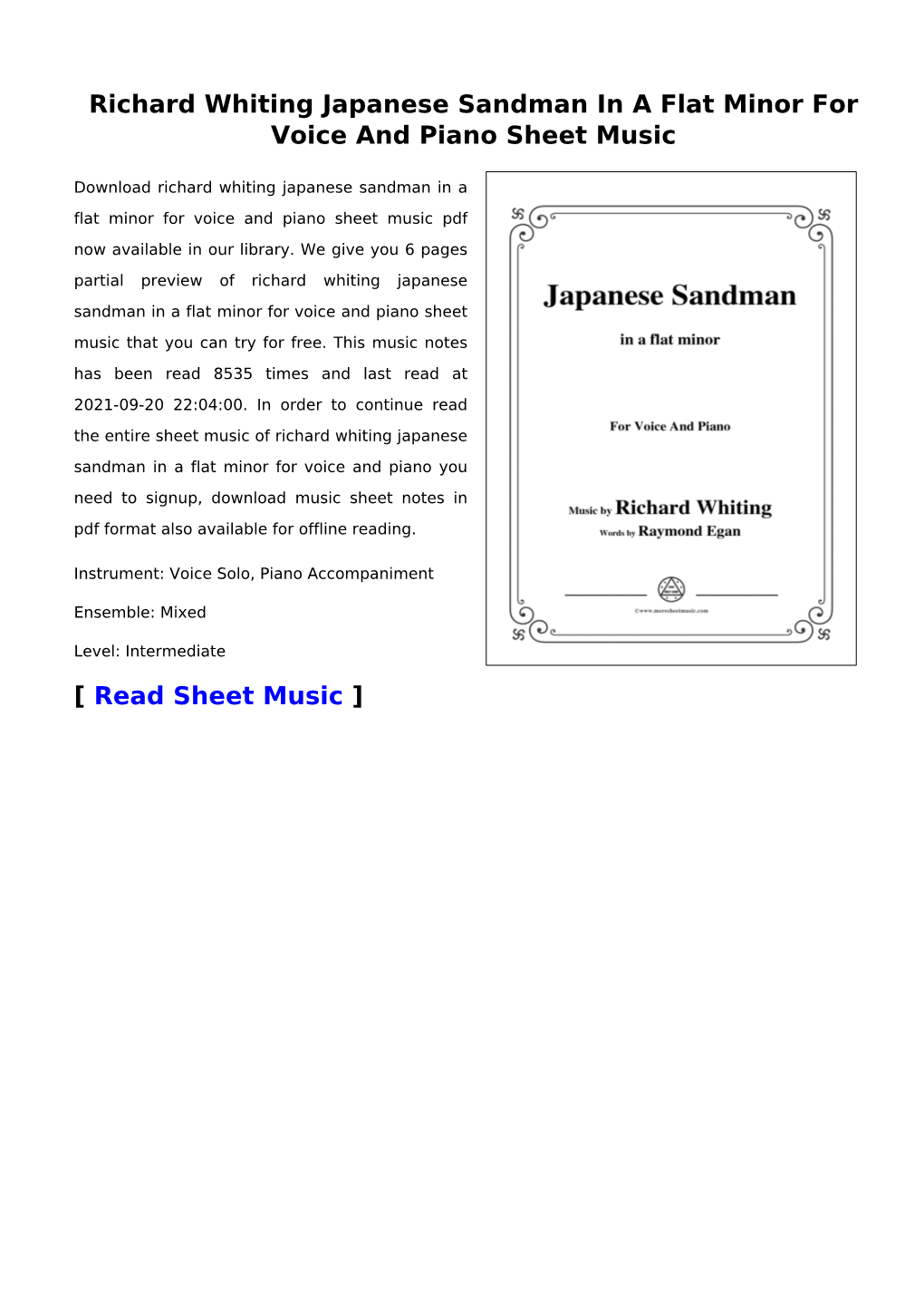 Richard Whiting Japanese Sandman in a Flat Minor for Voice and Piano Sheet Music