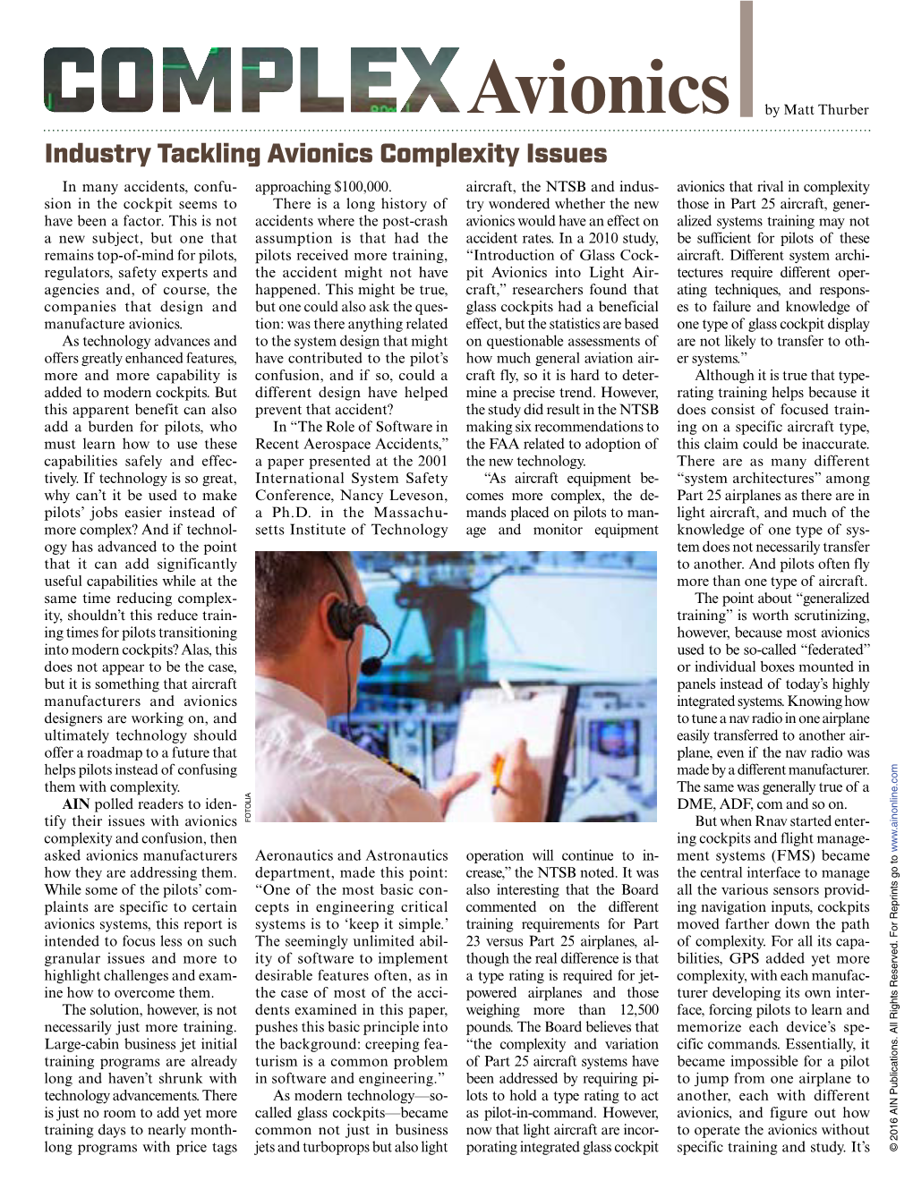 Industry Tackling Avionics Complexity Issues AIN Polledreaders Toiden - As Technology Advances and in Many Accidents, Confu the Solution,However, Isnot - - -