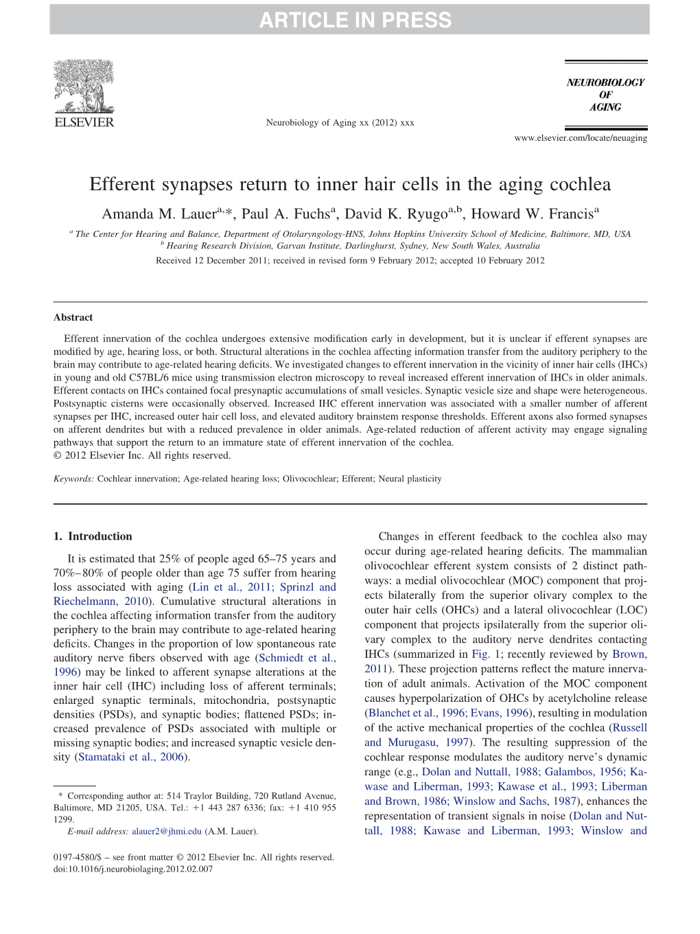 Efferent Synapses Return to Inner Hair Cells in the Aging Cochlea Amanda M