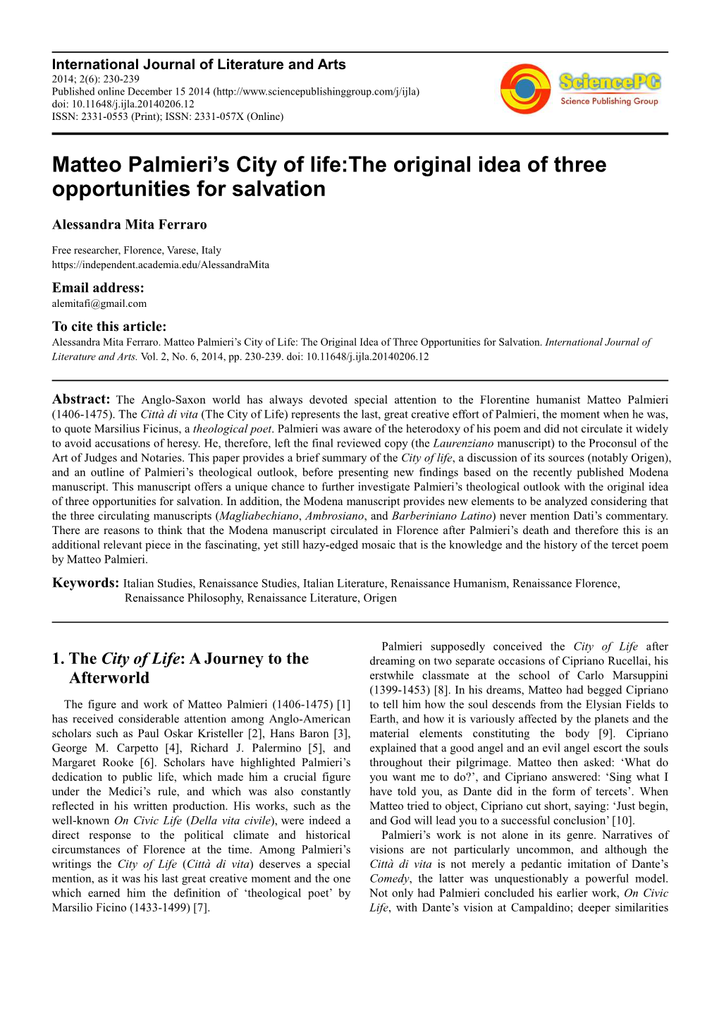 Matteo Palmieri's City of Life:The Original Idea of Three Opportunities