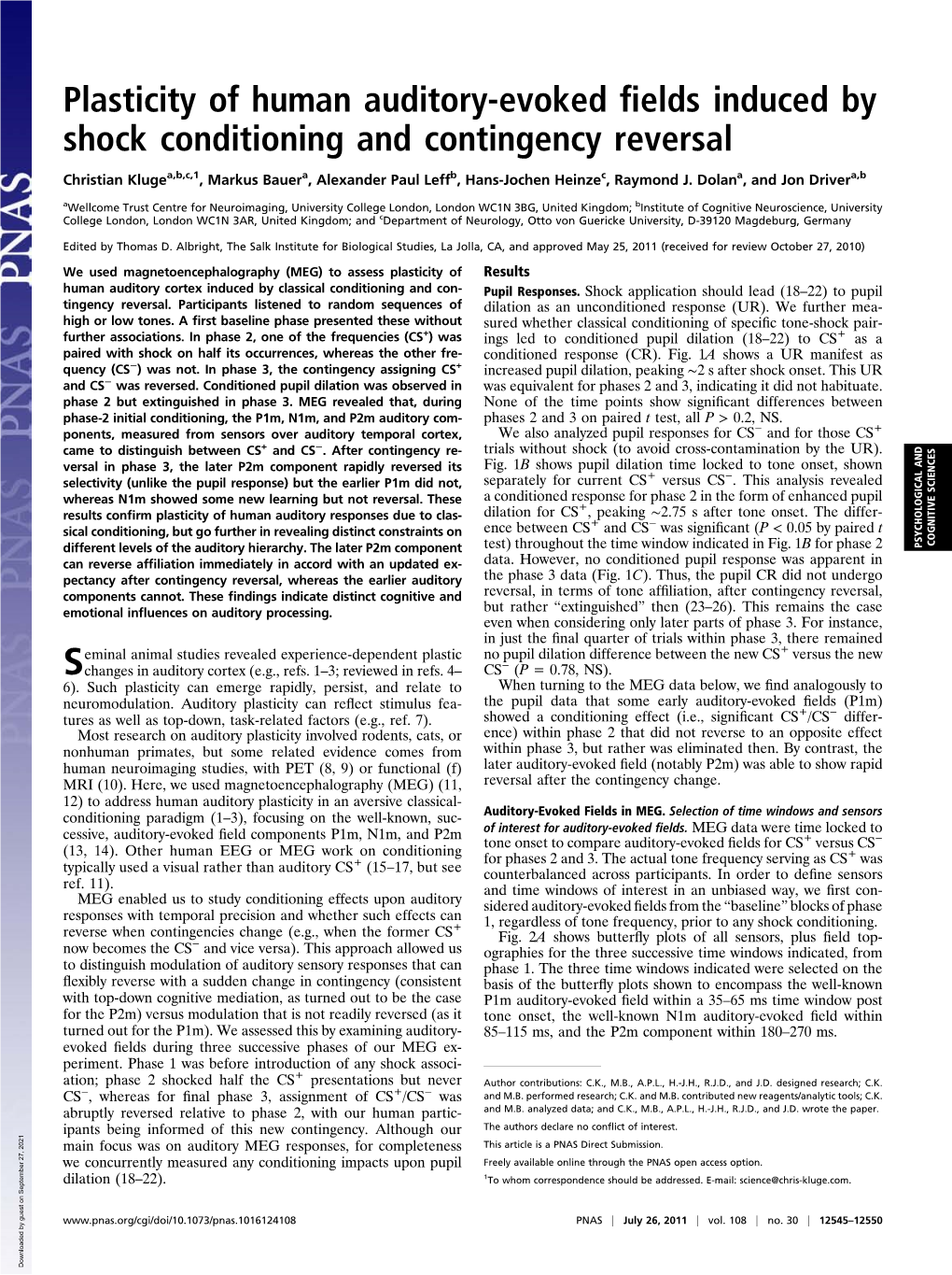 Plasticity of Human Auditory-Evoked Fields Induced by Shock