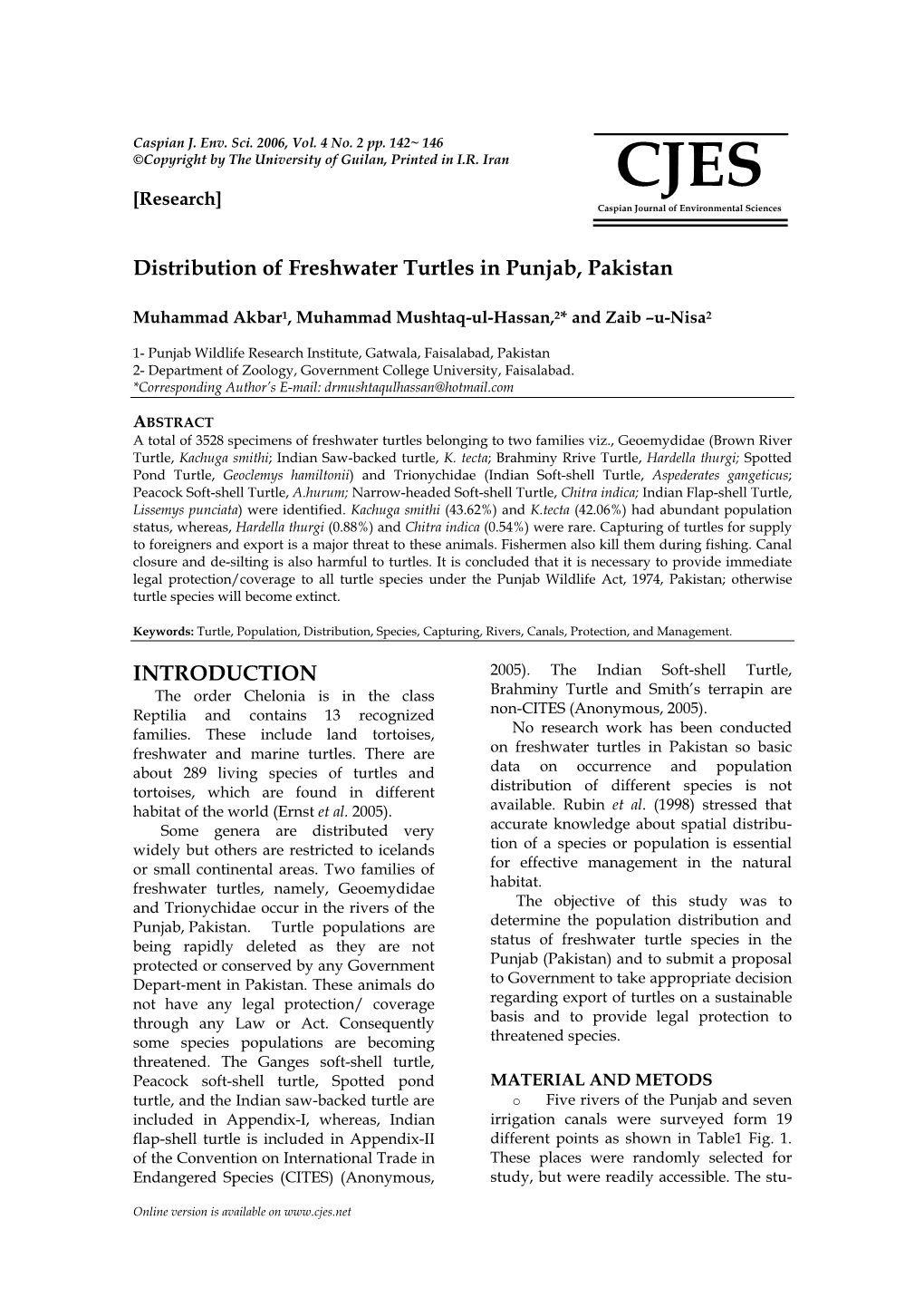 Distribution of Freshwater Turtles in Punjab, Pakistan INTRODUCTION