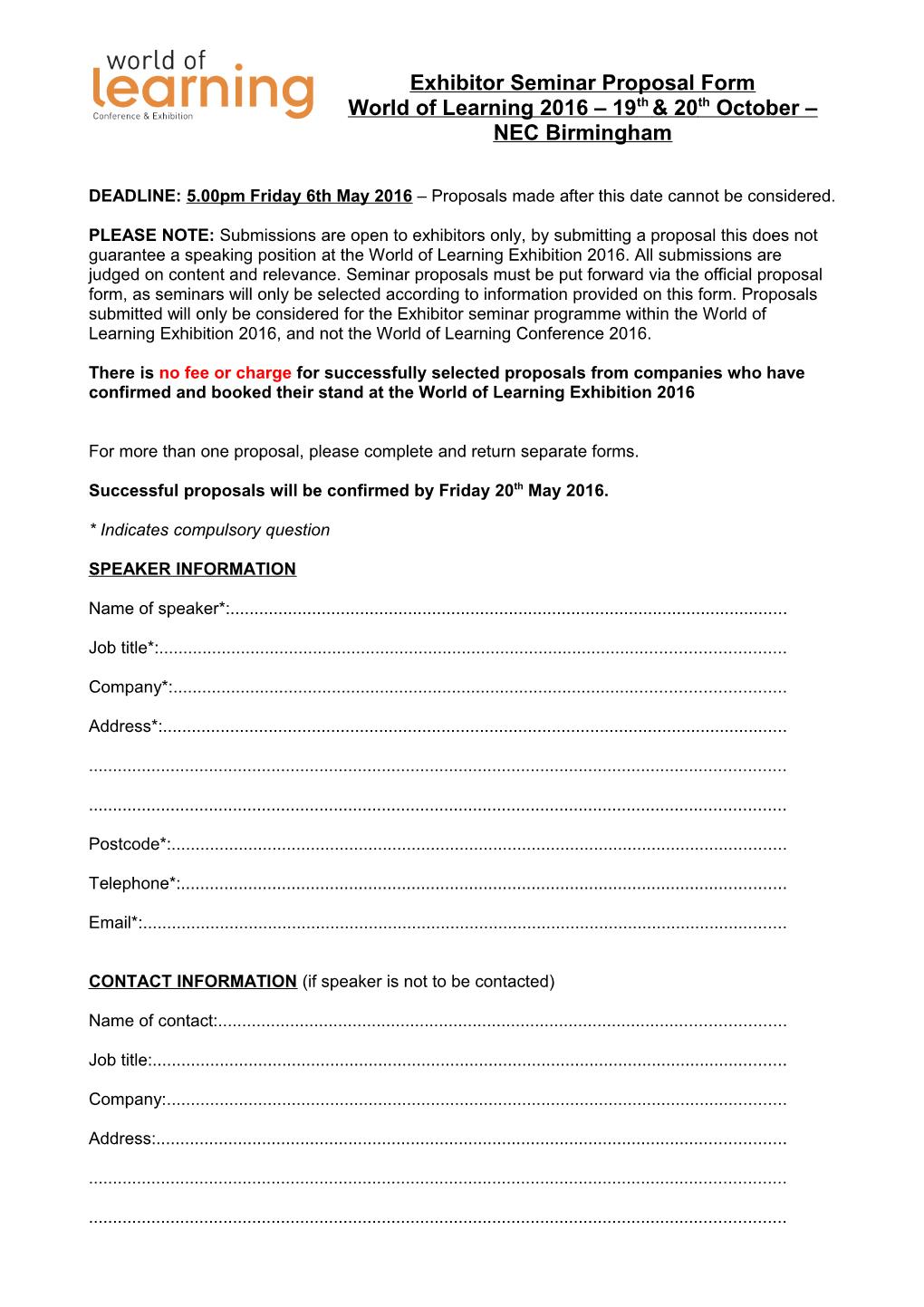 Seminar Proposal Form for the World of Learning 2007