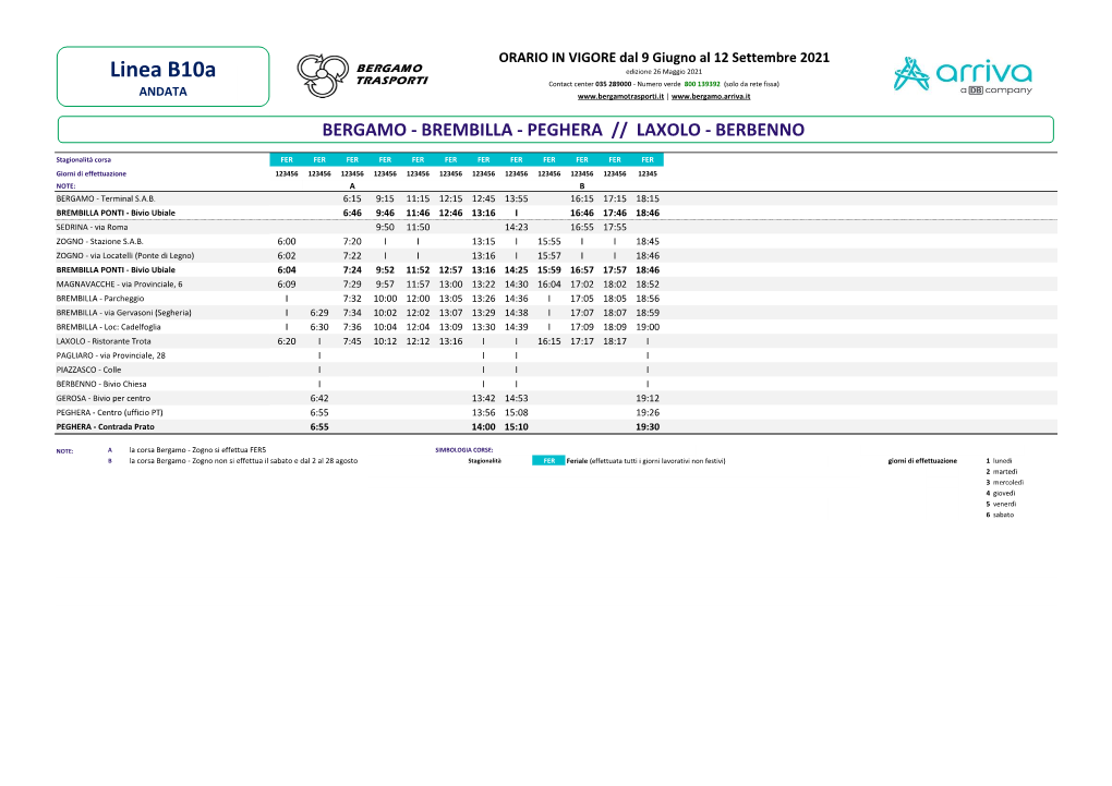 Linea B10a Edizione 26 Maggio 2021 Contact Center 035 289000 - Numero Verde 800 139392 (Solo Da Rete Fissa) ANDATA |