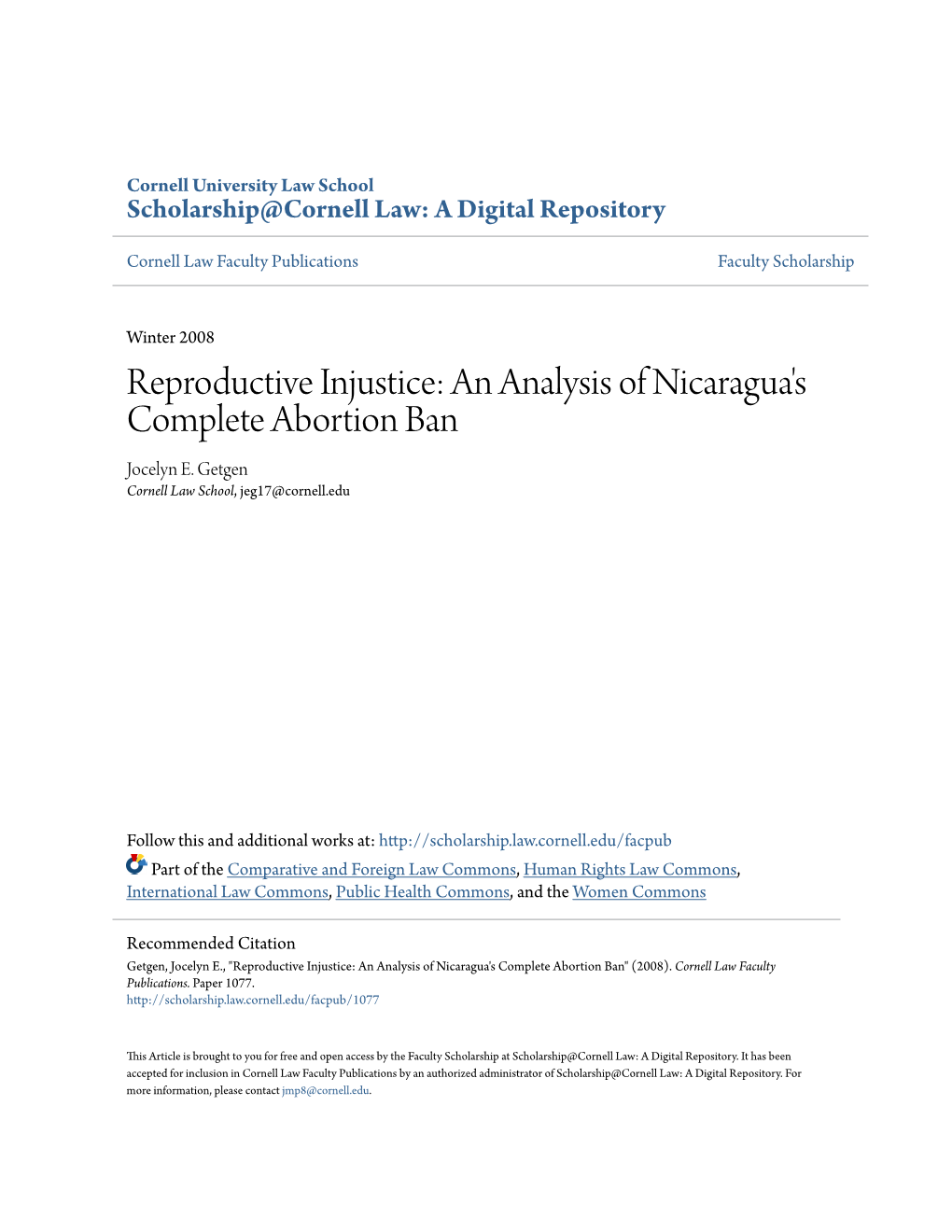 Reproductive Injustice: an Analysis of Nicaragua's Complete Abortion Ban Jocelyn E