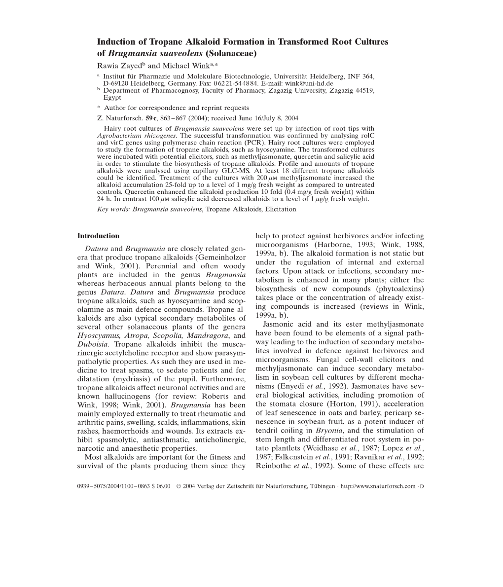 Induction of Tropane Alkaloid Formation in Transformed Root