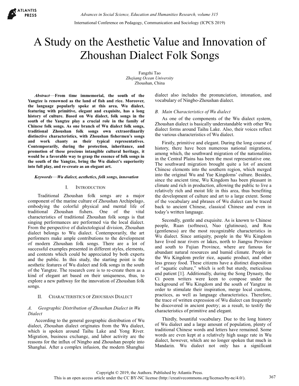 A Study on the Aesthetic Value and Innovation of Zhoushan Dialect Folk Songs