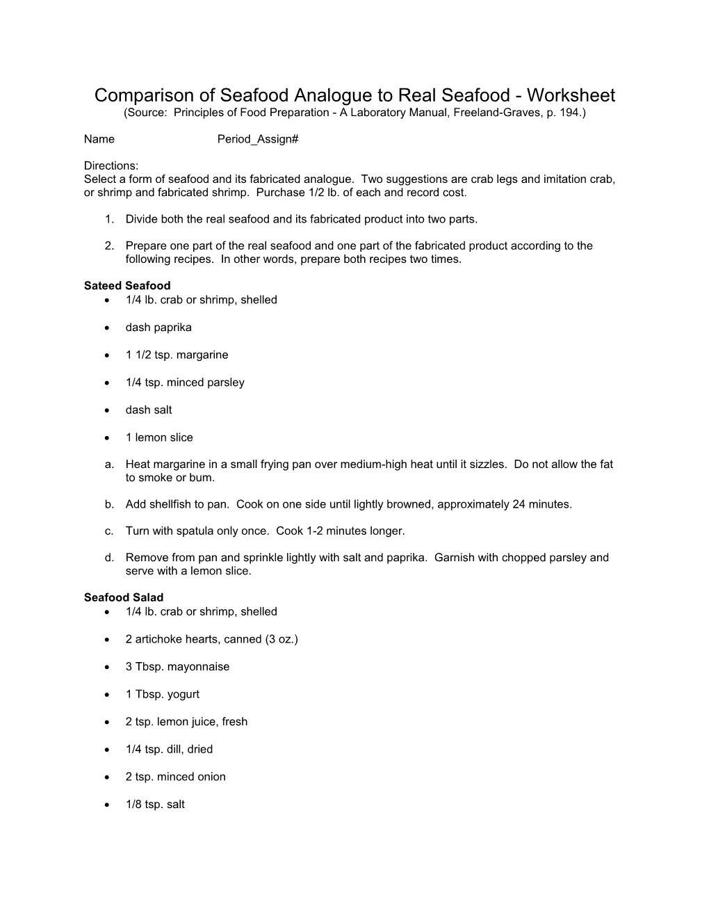 Comparison of Seafood Analogue to Real Seafood - Worksheet