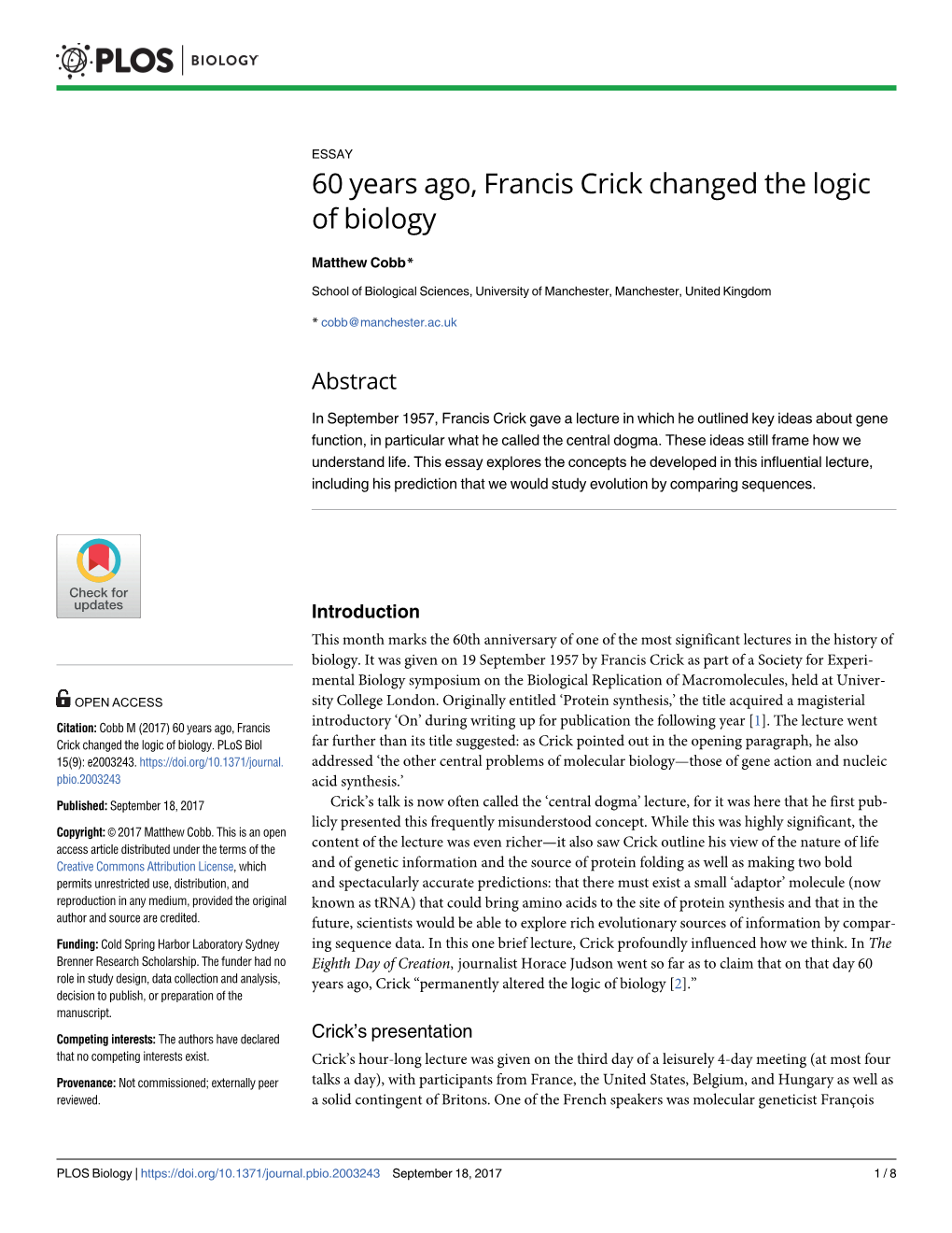 60 Years Ago, Francis Crick Changed the Logic of Biology