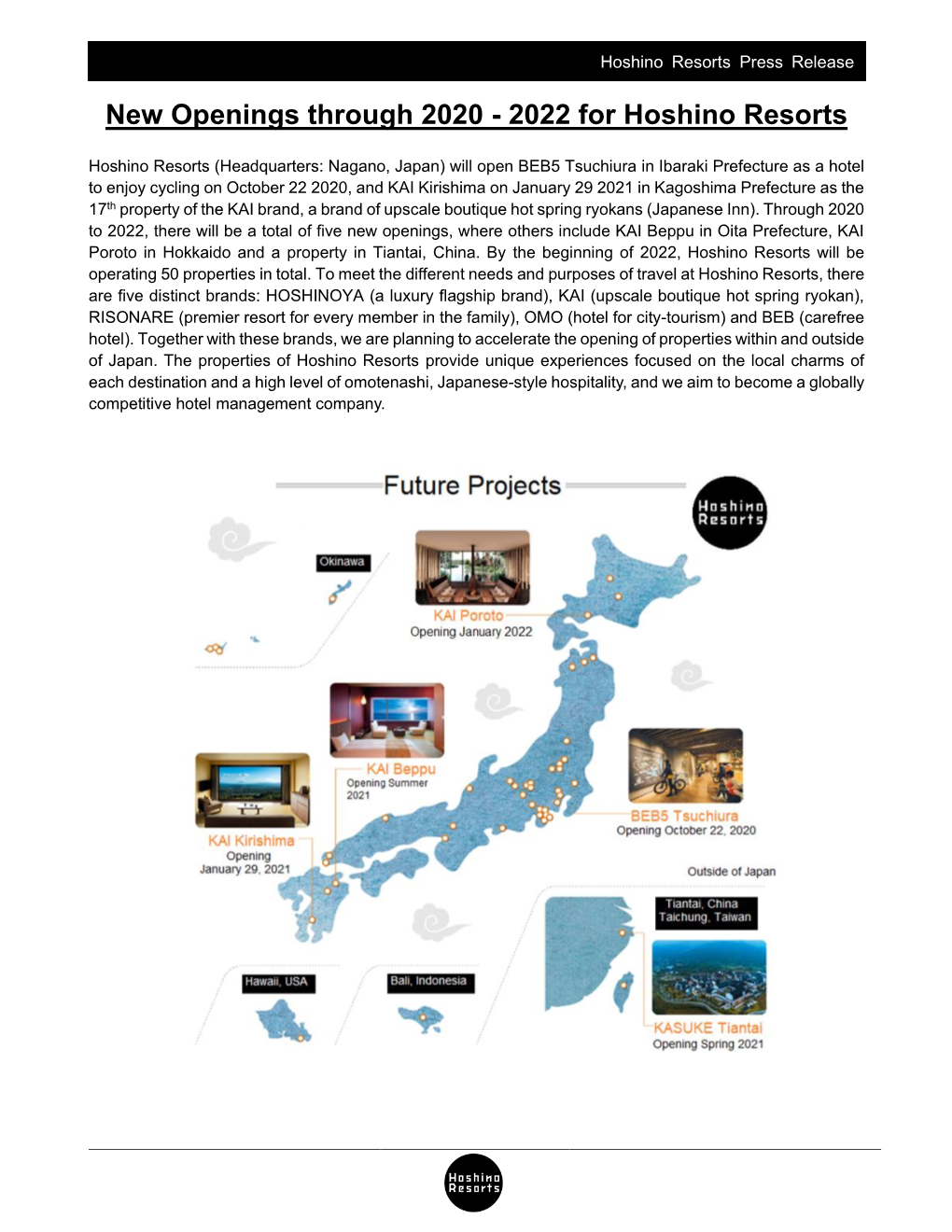 New Openings Through 2020 - 2022 for Hoshino Resorts