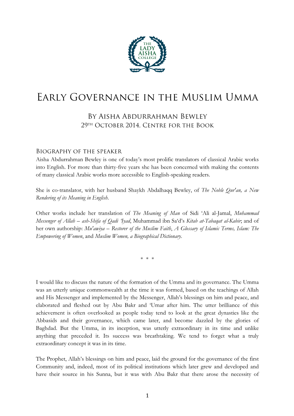 Early Governance in the Muslim Umma