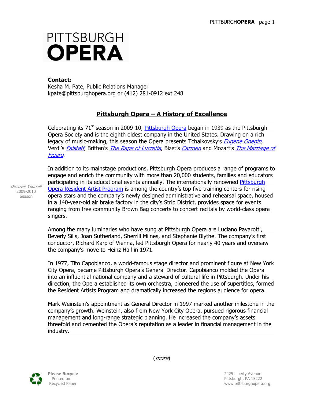 Pittsburgh Opera – a History of Excellence