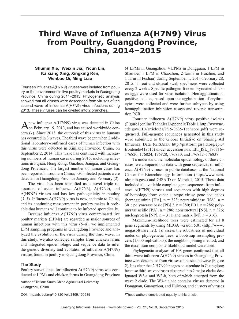 Third Wave of Influenza A(H7N9) Virus from Poultry, Guangdong Province, China, 2014–2015