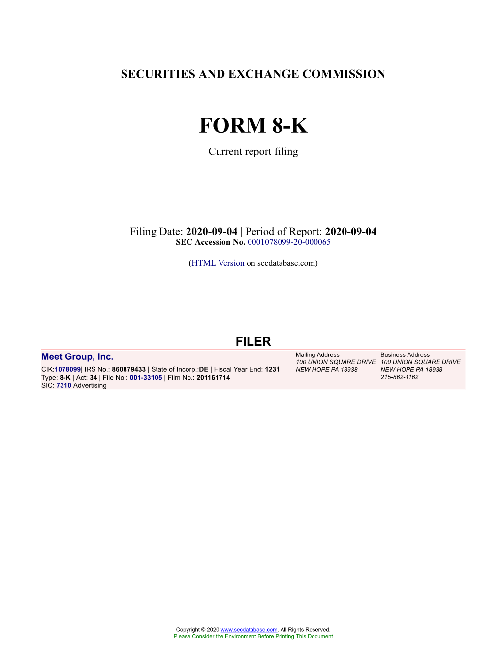 Meet Group, Inc. Form 8-K Current Event Report Filed 2020-09-04