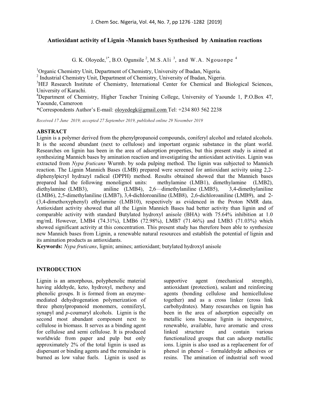 Antioxidant Activity of Lignin -Mannich Bases Synthesised by Amination Reactions