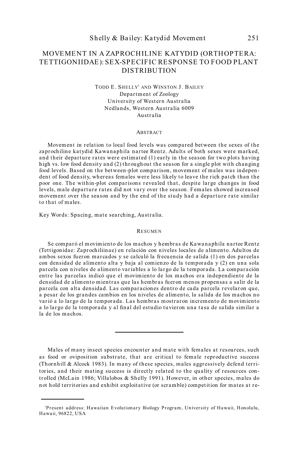 Orthoptera: Tettigoniidae): Sex-Specific Response to Food Plant Distribution