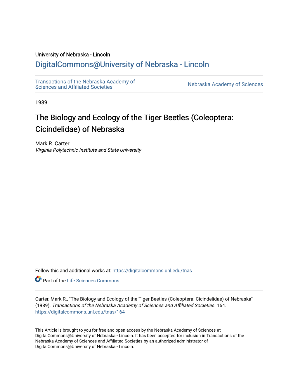 The Biology and Ecology of the Tiger Beetles (Coleoptera: Cicindelidae) of Nebraska