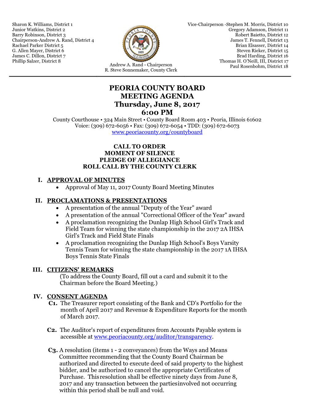 PEORIA COUNTY BOARD MEETING AGENDA Thursday, June 8, 2017 6