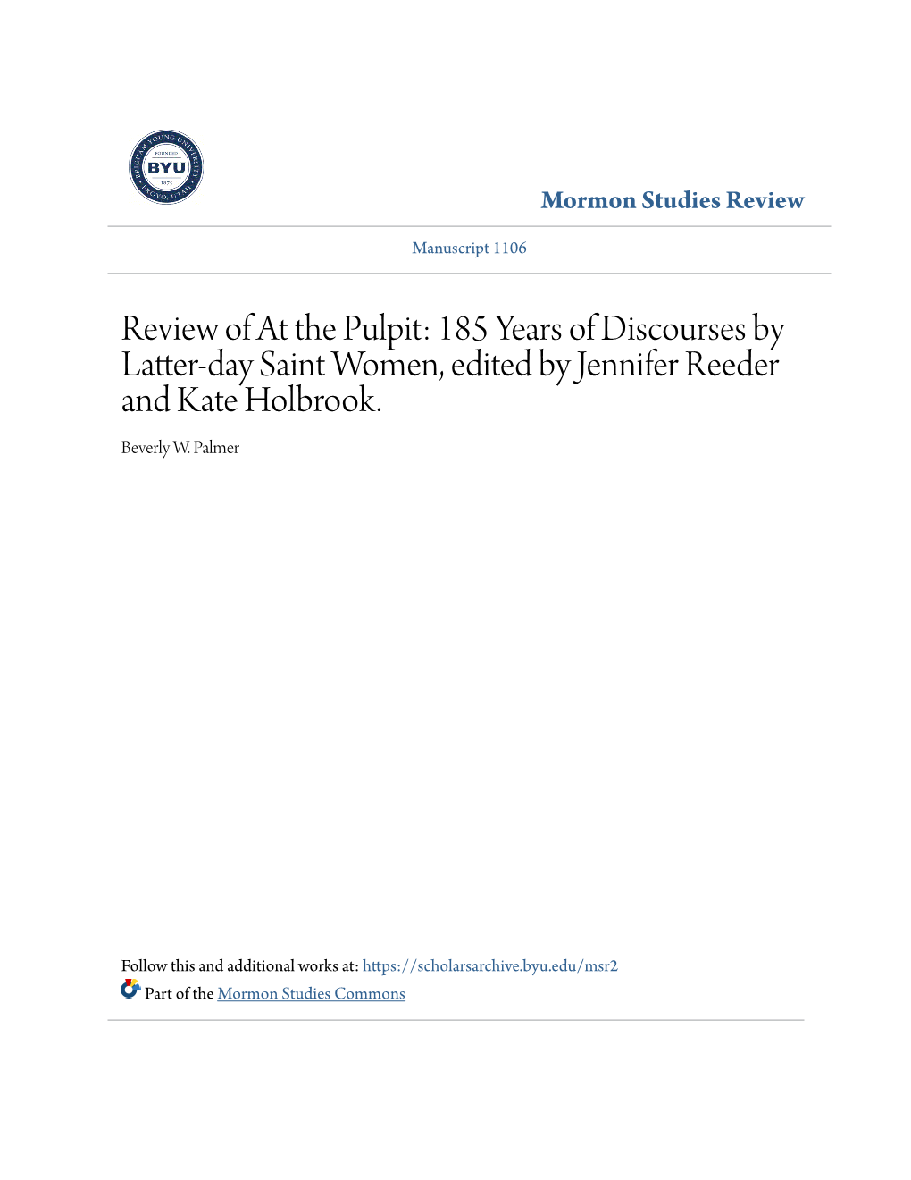 Review of at the Pulpit: 185 Years of Discourses by Latter-Day Saint Women, Edited by Jennifer Reeder and Kate Holbrook