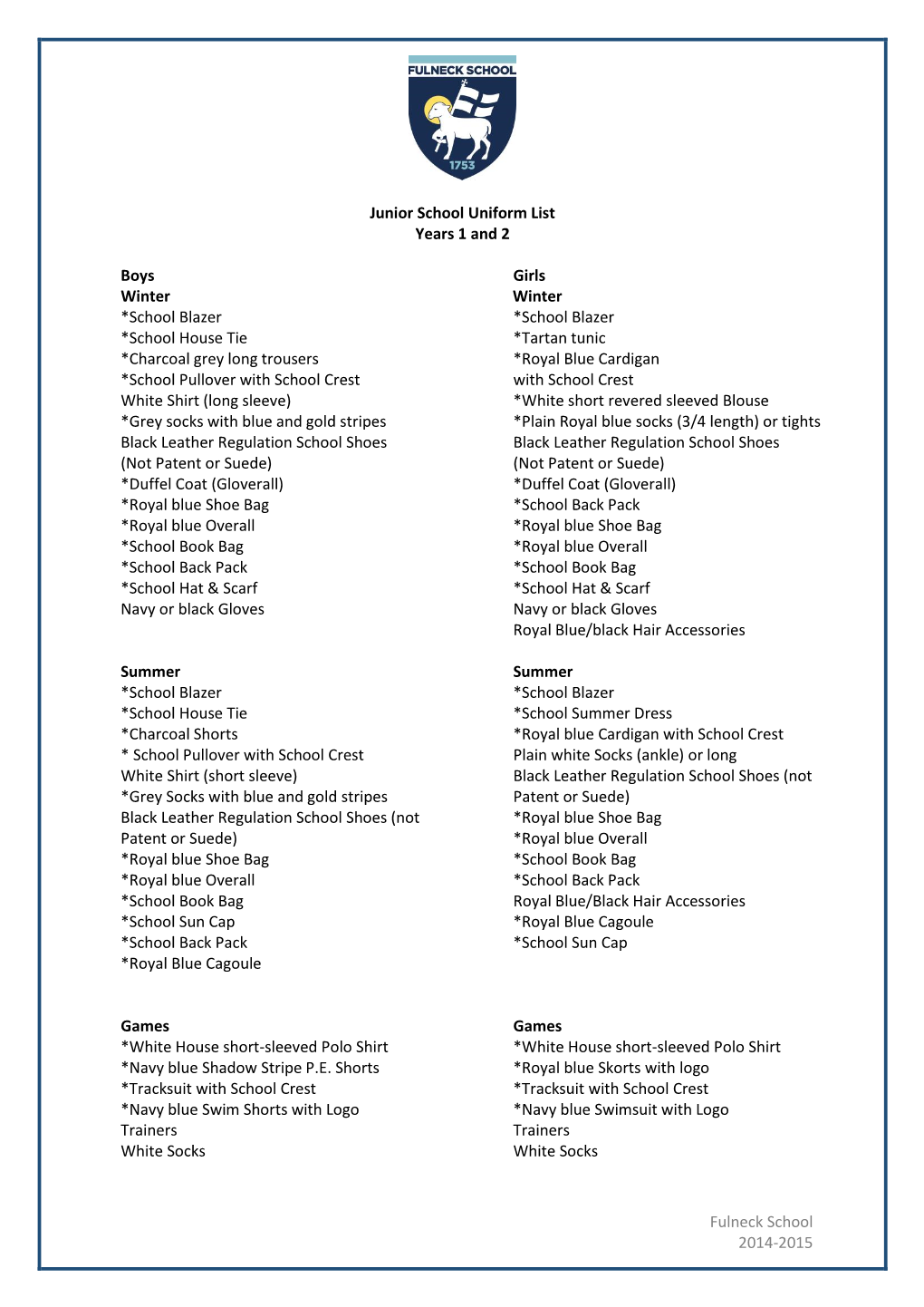 Fulneck School 2014-2015 Junior School Uniform List Years 1 and 2