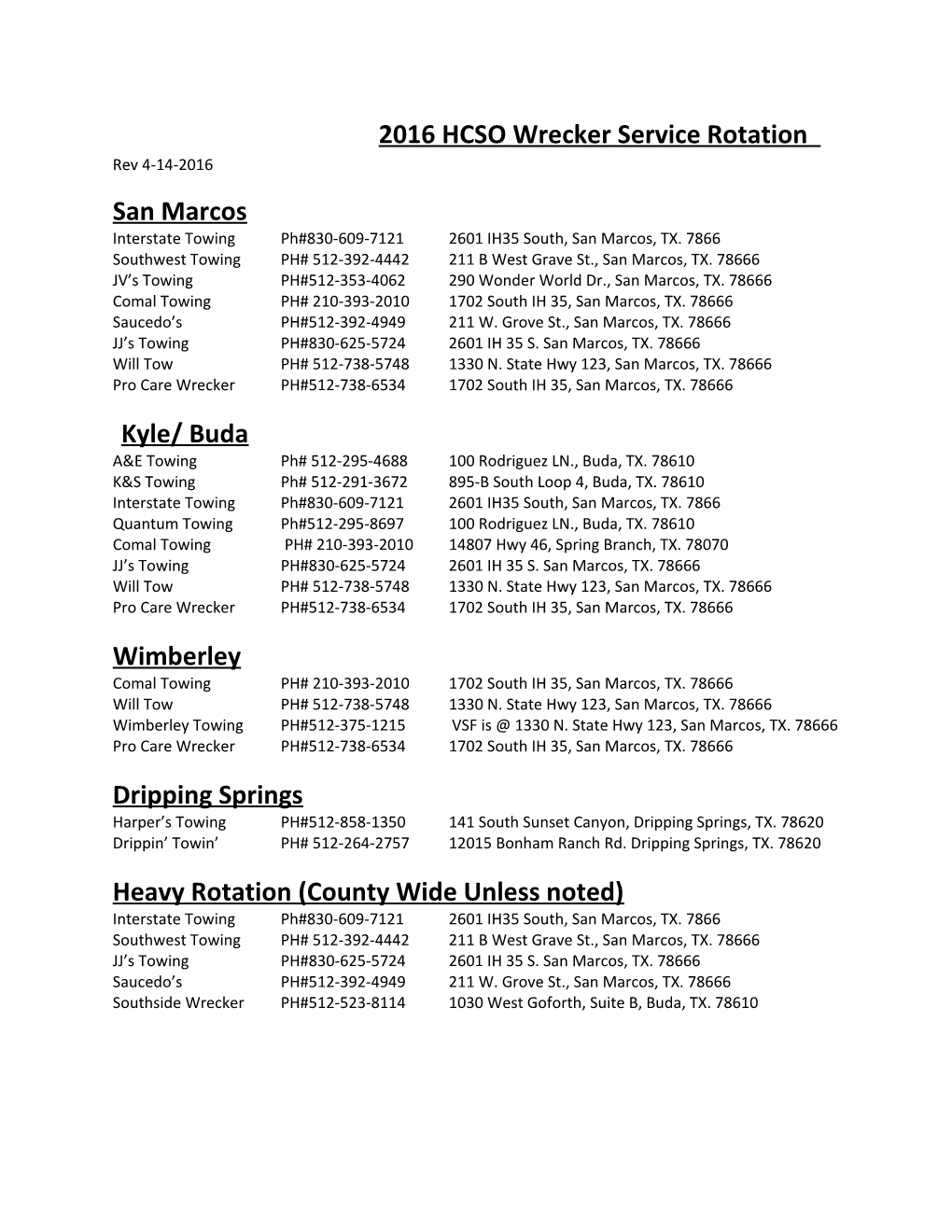 2016 HCSO Wrecker Service Rotation Rev 4-14-2016