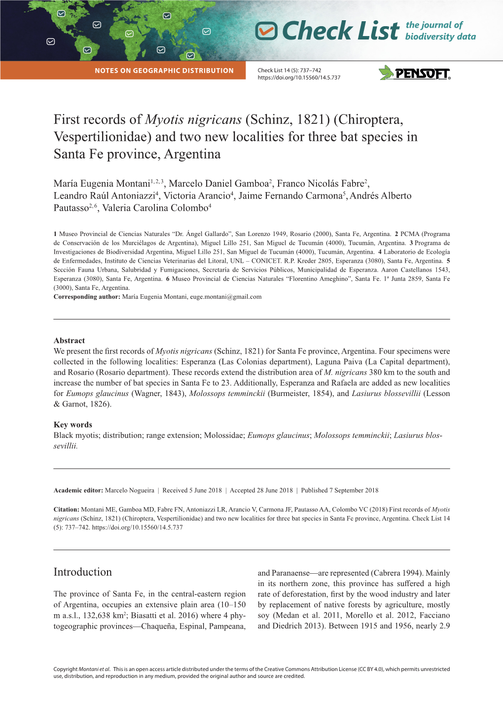 (Schinz, 1821) (Chiroptera, Vespertilionidae) and Two New Localities for Three Bat Species in Santa Fe Province, Argentina