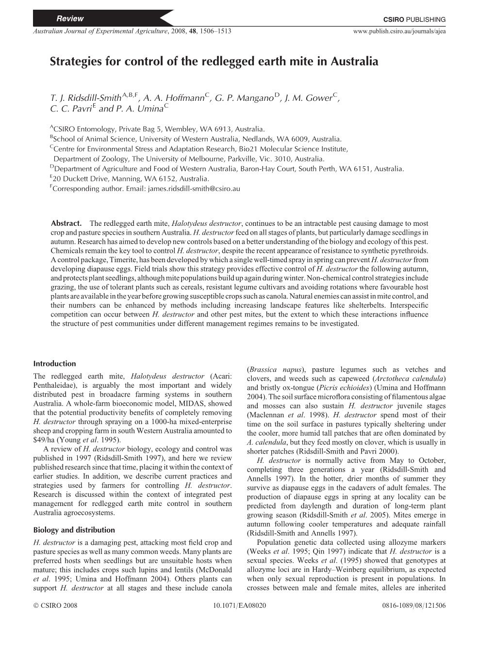 Strategies for Control of the Redlegged Earth Mite in Australia