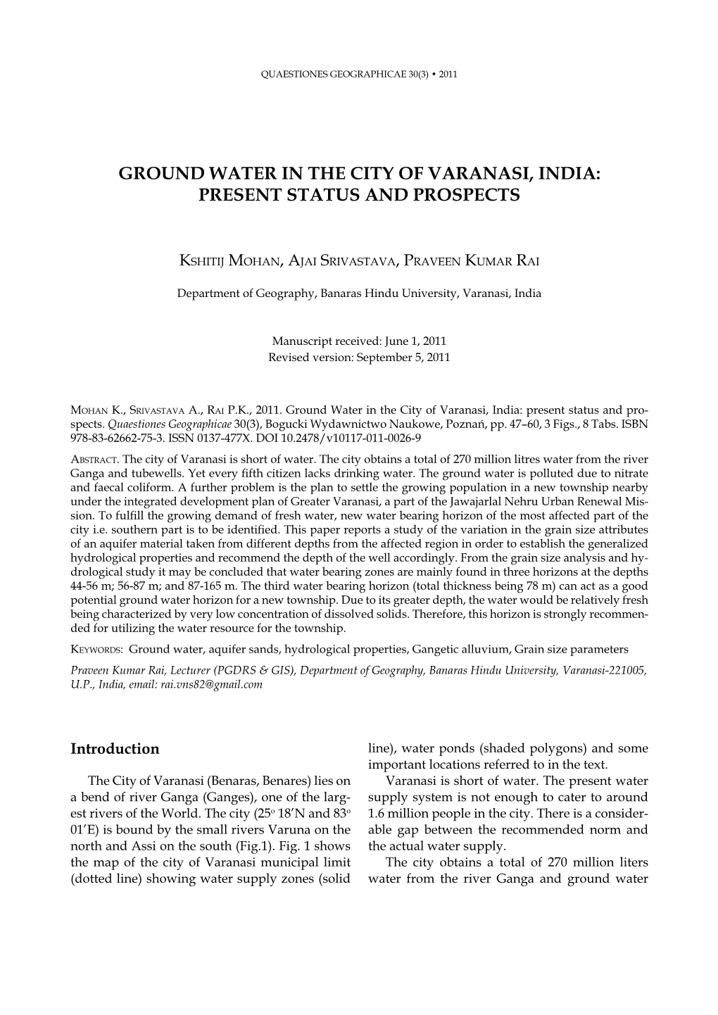 Ground Water in the City of Varanasi, India: Present Status and Prospects