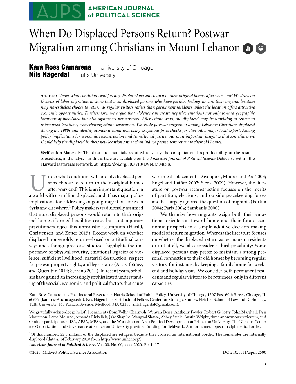 When Do Displaced Persons Return? Postwar Migration Among Christians in Mount Lebanon