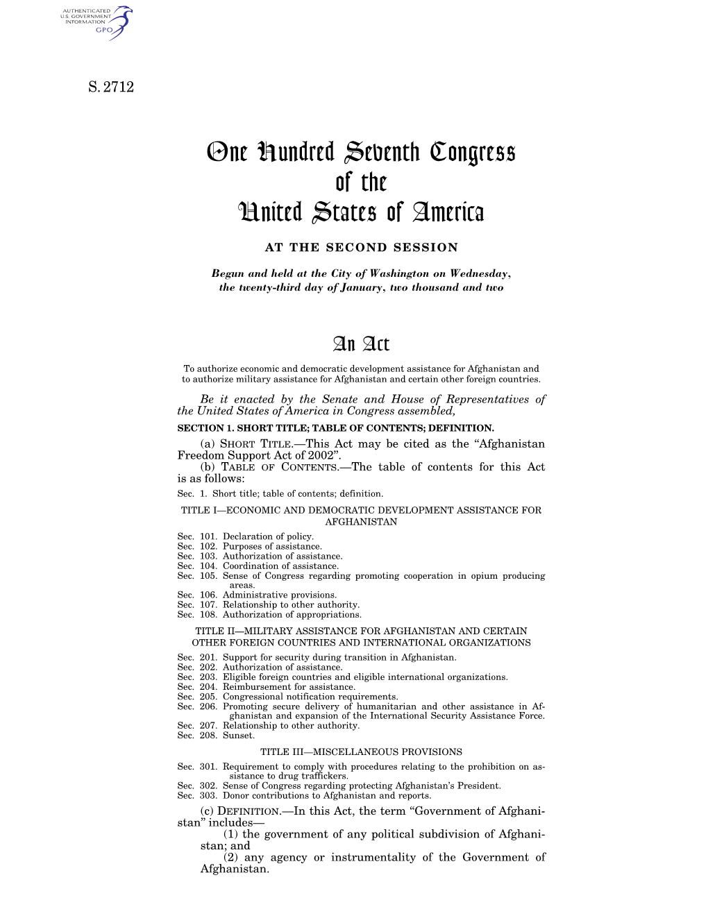 One Hundred Seventh Congress of the United States of America