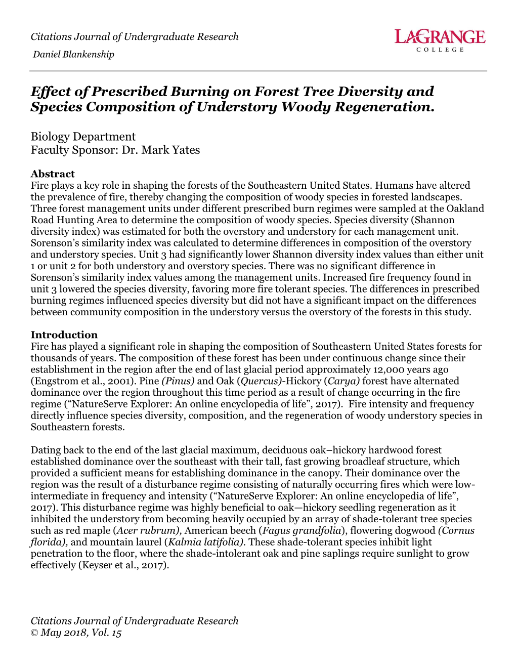 Effect of Prescribed Burning on Forest Tree Diversity and Species Composition of Understory Woody Regeneration