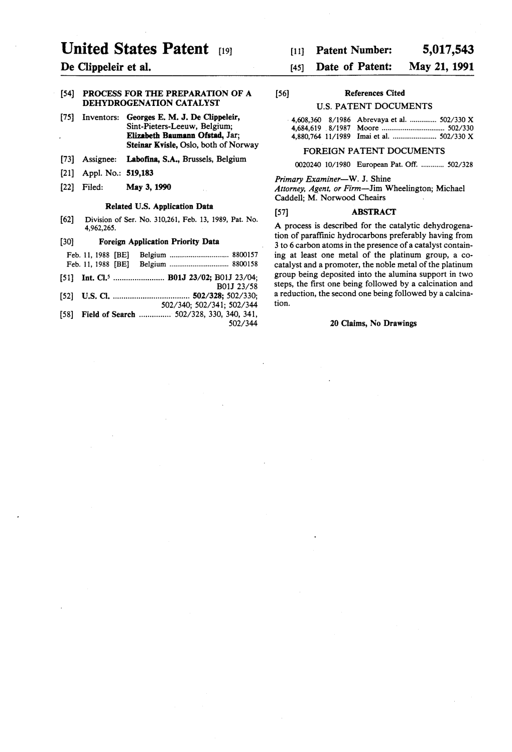 United States Patent (19) 11 Patent Number: 5,017,543 De Clippeleir Et Al