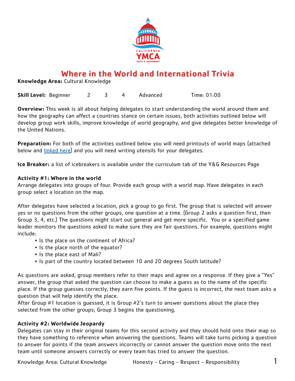 1 YMCA Where in the World and International Trivia