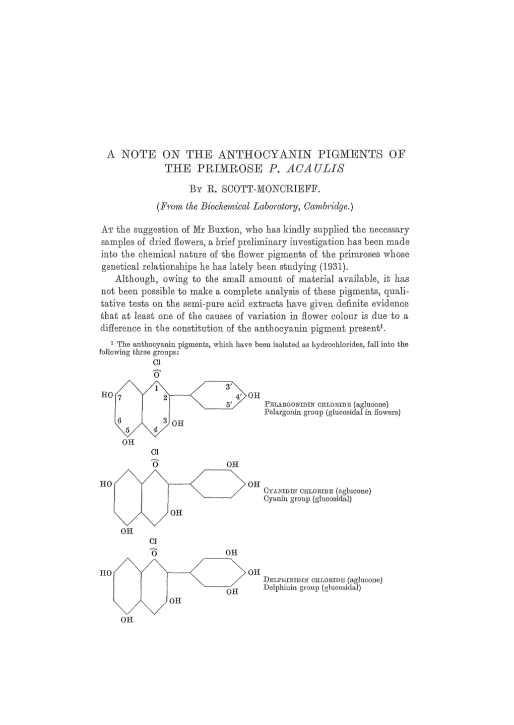 A Note on the Anthocyanin Pigments of the Primrose <Emphasis Type