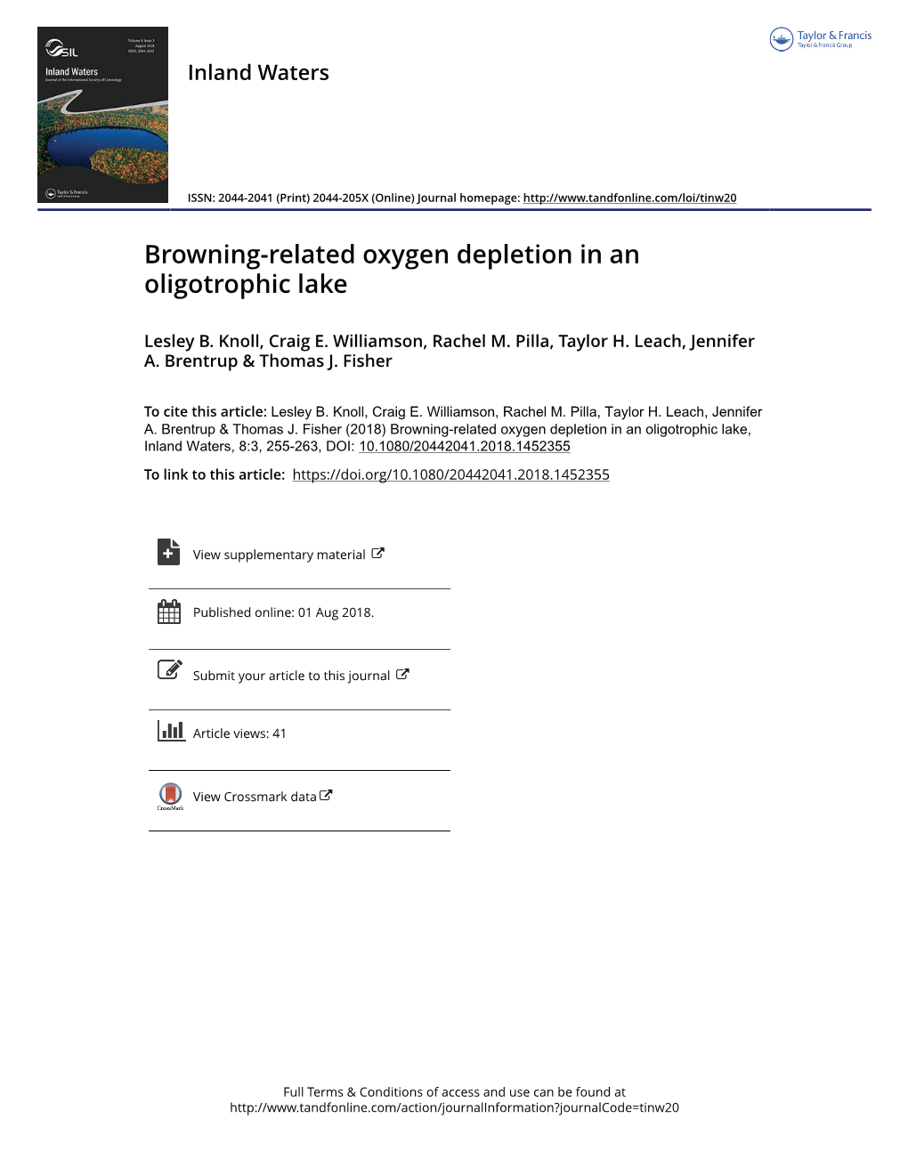 Browning-Related Oxygen Depletion in an Oligotrophic Lake Lesley B