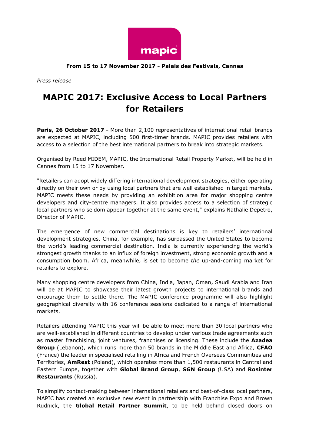 MAPIC 2017: Exclusive Access to Local Partners for Retailers
