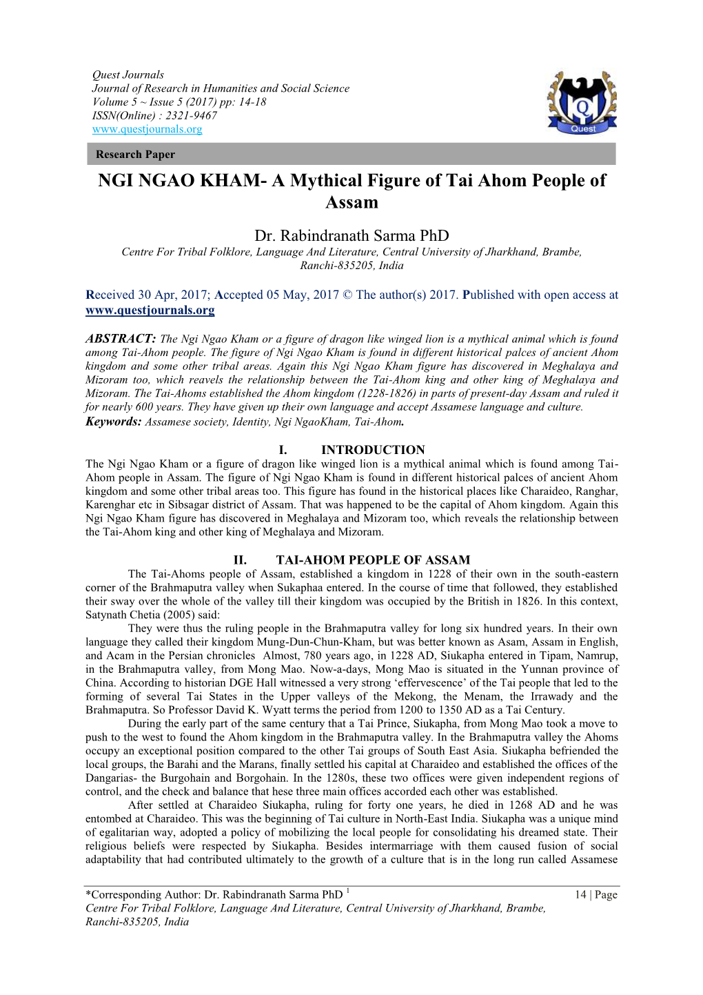 NGI NGAO KHAM- a Mythical Figure of Tai Ahom People of Assam