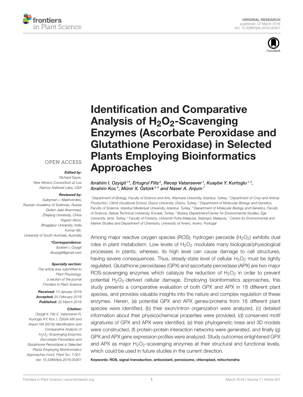 Ascorbate Peroxidase and Glutathione Peroxidase) in Selected Plants Employing Bioinformatics