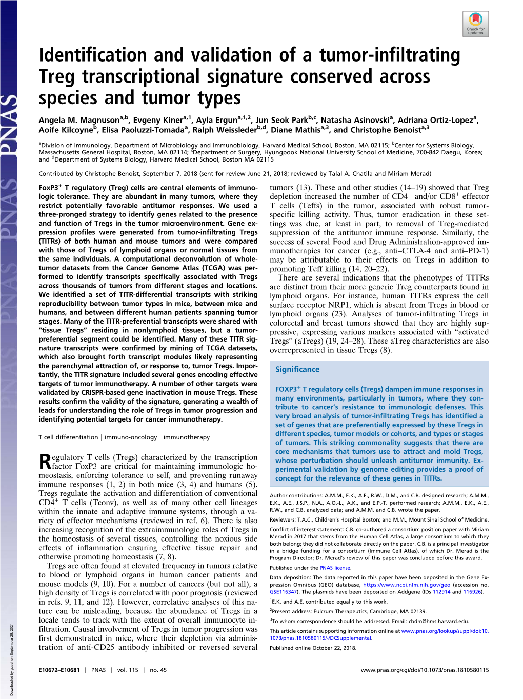 Identification and Validation of a Tumor-Infiltrating Treg Transcriptional Signature Conserved Across Species and Tumor Types