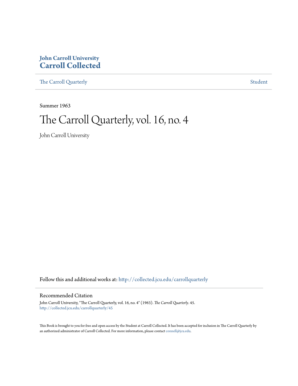 The Carroll Quarterly, Vol. 16, No. 4